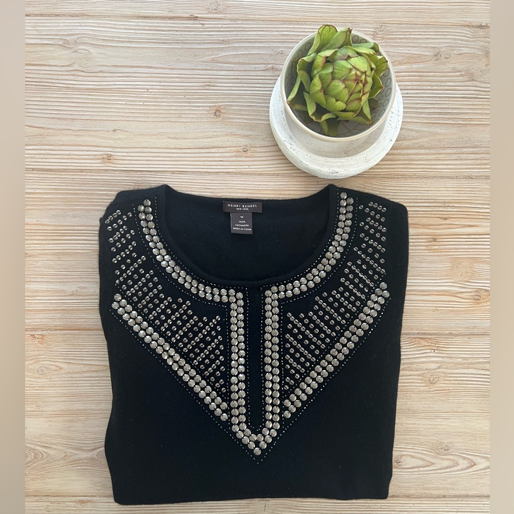 Henri Bendel Black Cashmere Sweater with Silver Stud Detailing